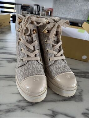 Michael Kors Neutral Beige Logo Lace-Up Platform Boots with Gold Hardware